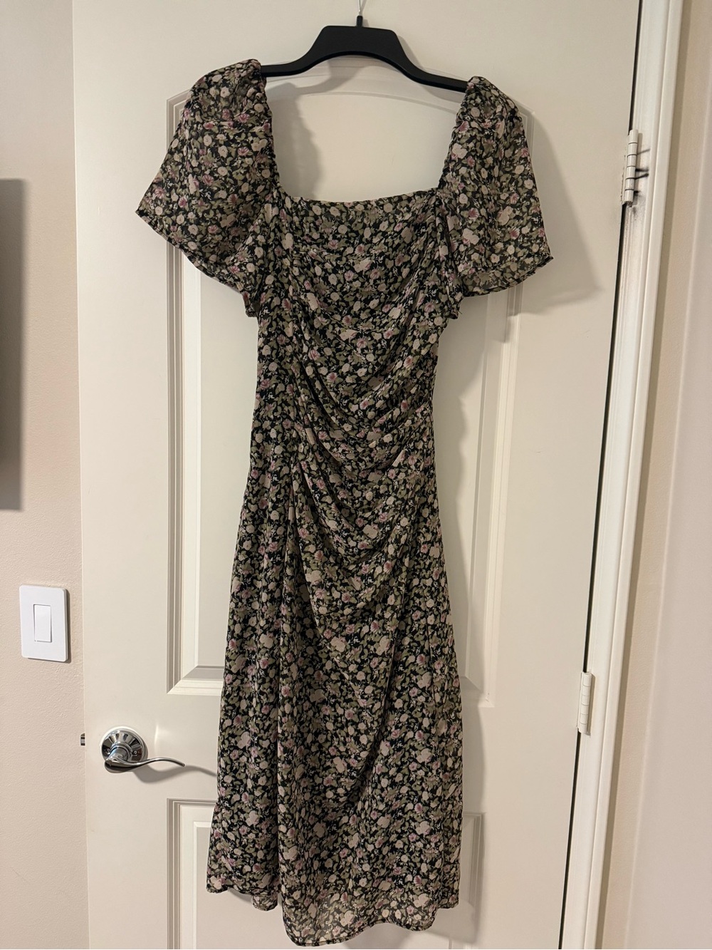 Black Tape_ Black Floral Midi Dress with Pink Blossoms
